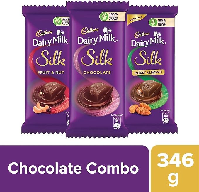 Cadbury Dairy Milk Silk Small Chocolates Combo (This combo contains 2 packs of cadbury dairy milk silk 60g, 2 packs of cadbury dairy milk silk Oreo 60g, 2 packs of cadbury dairy milk Roasted Almond 55 and 2 packs of cadbury dairy milk Fruit & Nut 55g.) - Image 2